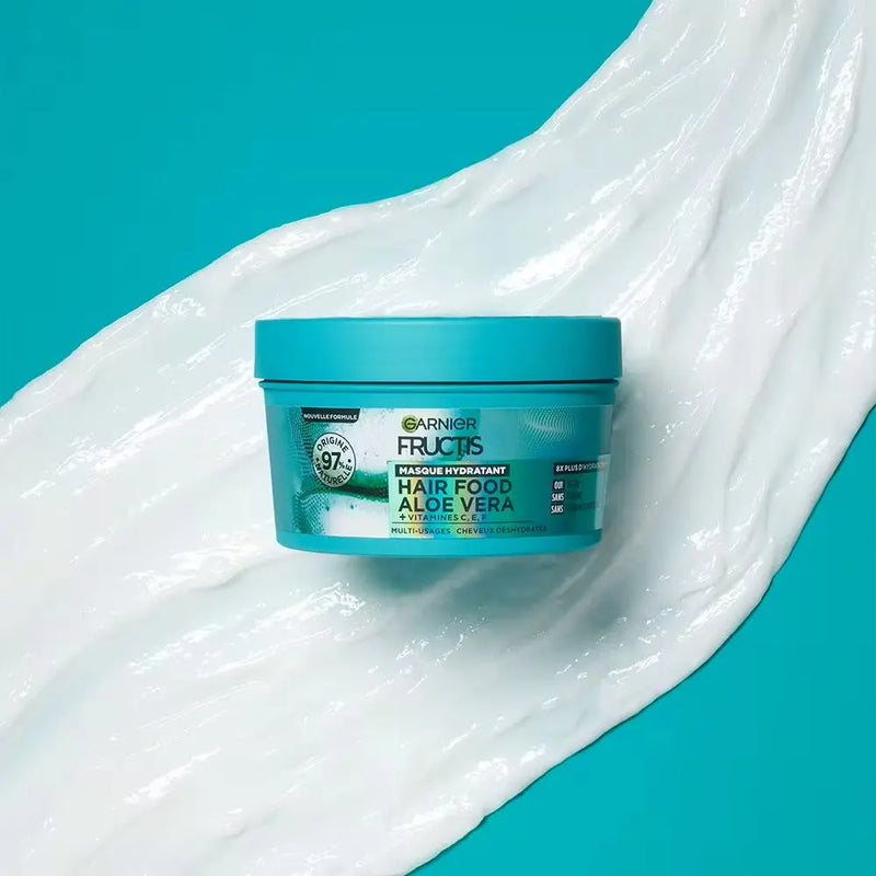 GARNIER<br> <b> FRUCTIS HAIR FOOD ALOE VERA</b><br><h5>masque hydratant 3 EN 1 - 320ml</h5>Origine France <img style="vertical-align: middle;" src=" https://bit.ly/3XSoZct"> 10 - 6