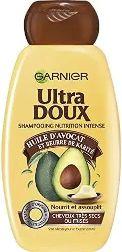 GARNIER<br> <b>ULTRA DOUX</b><br> Shampooing Nutrition Intense<br> huile d’Avocat et Beurre de Karité</b><br><h5>cheveux très secs ou frisés- 250ml</h5>Origine France <img style="vertical-align: middle;" src=" https://bit.ly/3XSoZct"> Youce