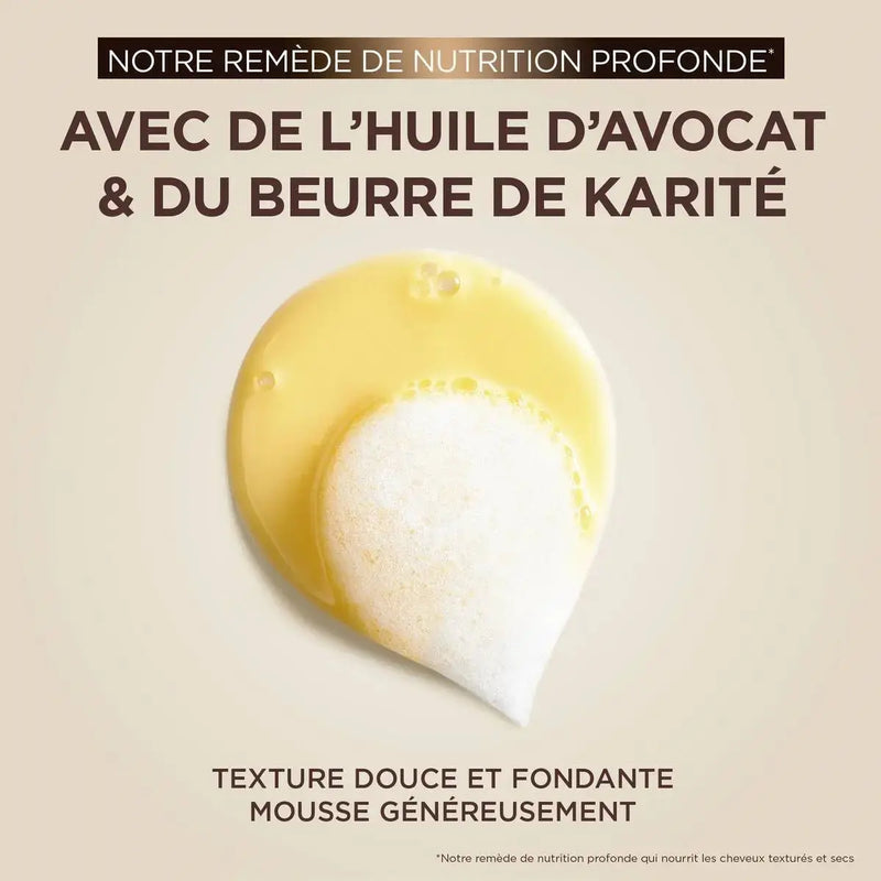 GARNIER<br> <b>ULTRA DOUX</b><br> Shampooing Nutrition Intense<br> huile d’Avocat et Beurre de Karité</b><br><h5>cheveux très secs ou frisés- 250ml</h5>Origine France <img style="vertical-align: middle;" src=" https://bit.ly/3XSoZct"> Youce