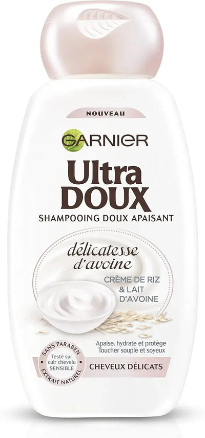 GARNIER  ULTRA DOUX SHAMPOOING DOUX APAISANT, Délicatesse d'avoine crème de riz et lait d'avoine cheveux Délicats - 250ml seven-dz