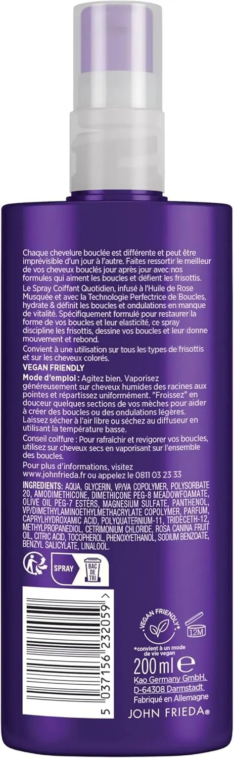 JOHN FRIEDA Frizz Ease Boucles Coutoure Spray Coiffant Boucles Couture Cheveux ondulés à bouclés-200ml seven-dz