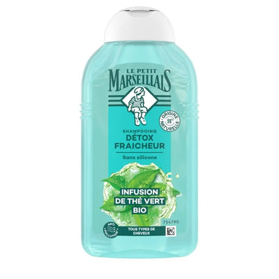 LE PETIT MARSEILLAIS<br><b>Shampooing Détox Fraicheur</b><br>Infusion de Thé vert BIO<br><h5>tous type de cheveux-250ml</h5>Origine France <img style="vertical-align: middle;"src="https://bit.ly/3VT5bp1">