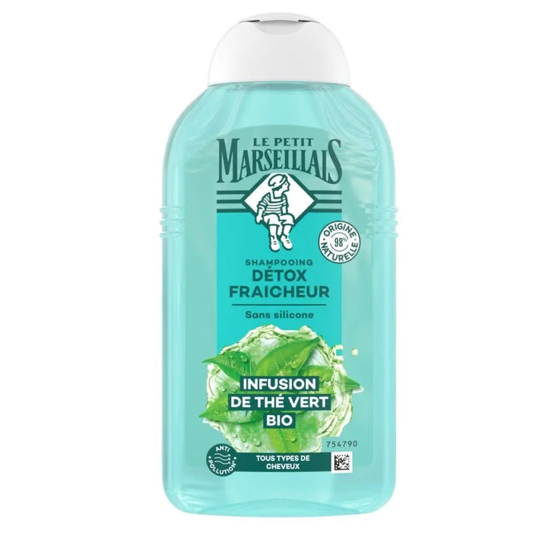 LE PETIT MARSEILLAIS<br><b>Shampooing Détox Fraicheur</b><br>Infusion de Thé vert BIO<br><h5>tous type de cheveux-250ml</h5>Origine France <img style="vertical-align: middle;"src="https://bit.ly/3VT5bp1">