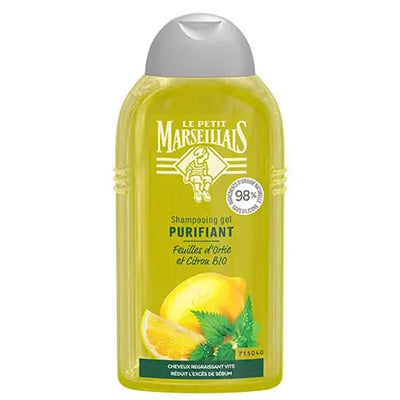 LE PETIT MARSEILLAIS<br><b>Shampoing Purifiant</b><br>feuilles d'ortie et citron BIO<br><h5> cheveux normaux regraissant -250ml</h5>Origine France <img style="vertical-align: middle;"src="https://bit.ly/3VT5bp1">