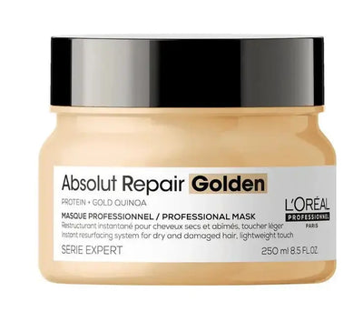 L'Oréal Professionnel <br><b>absolut Repair Golden <br>Masque protéines et Oméga-9</b><br><h5>cheveux secs et abîmés 250ml</h5>Origine France </h6> <img style="vertical-align: middle;" src=" https://bit.ly/3XSoZct"> 5