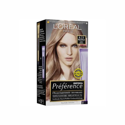 L'Oréal Paris<br><b>Préférence 8.23 Belleville</b><br><h5>Coloration cheveux - 60 ml <h5>Origine France <img style="vertical-align: middle;" src=" https://shorturl.at/bDMR9">