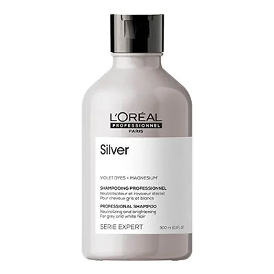 L'Oréal Professionnel <br><b>Série Expert Silver</b><br><h5>Shampoing Cheveux Gris ou Blancs - 300 ml</h5>Origine France <img style="vertical-align: middle;" src=" https://shorturl.at/bDMR9">