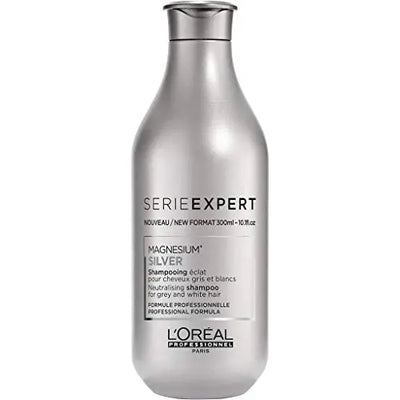 L'Oréal Professionnel <br><b>Série Expert Silver</b><br><h5>Shampoing Déjaunisseur Cheveux Blancs et Gris - 300 ml</h5>Origine France <img style="vertical-align: middle;" src=" https://shorturl.at/bDMR9">