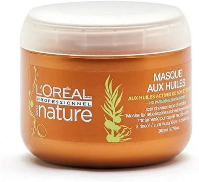 L'Oréal Professionnel <br><b>Série nature </b><br><h5>Masque aux huiles - 200 ml</h5>Origine France </h6> <img style="vertical-align: middle;" src=" https://shorturl.at/bDMR9">