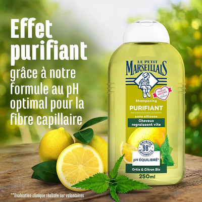 Le Petit Marseillais</b><br><h5>Shampooing Purifiant <br>Ortie & Citron Bio<br>Cheveux normaux - 250ml</h5>Origine France<img style="vertical-align: middle;" src=" https://bit.ly/3XSoZct">  Seven-dz 