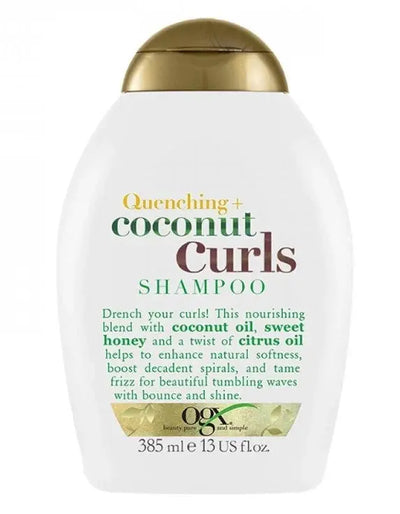 OGX<br><b>Quenching + Coconut</b><br><h5>Shampooing Hydratant et Nourrissant<br>cheveux Bouclés -385ml</h5>Origine USA <img style="vertical-align: middle;" src=" https://bit.ly/43CK0ex">  Seven-dz 