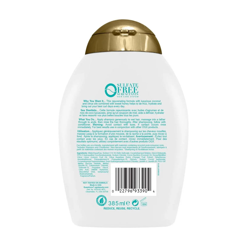 OGX<br><b>Quenching + Coconut</b><br><h5>Shampooing Hydratant et Nourrissant<br>cheveux Bouclés -385ml</h5>Origine USA <img style="vertical-align: middle;" src=" https://bit.ly/43CK0ex">  Seven-dz 
