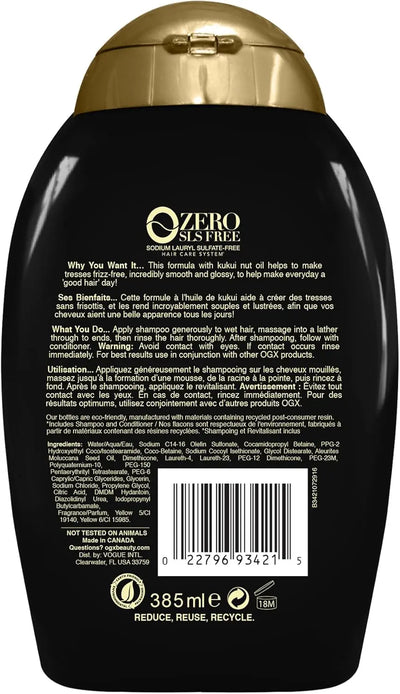 OGX<br><b>huile de kukui</b><br><h5>Shampooing anti-frisottis <br>cheveux épais-385ml</h5>Origine USA <img style="vertical-align: middle;" src=" https://bit.ly/43CK0ex">  Seven-dz 