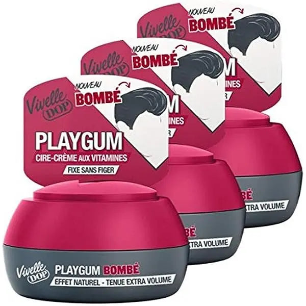 VIVELLE DOP<br> <b> PLAYGUM Bombé EFFET NATUREL - TENUE EXTRA VOLUME</b><br><h5>CIRE COIFFANTE-Cheveux Secs-80ml</h5>Origine France </h6> <img style="vertical-align: middle;" src=" https://shorturl.at/bDMR9">