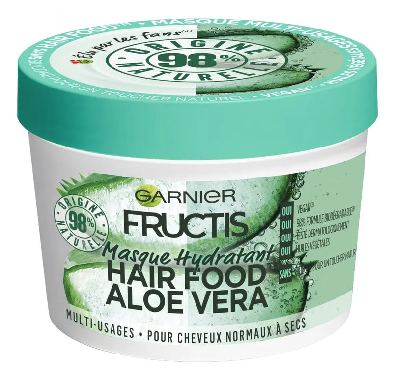 GARNIER<br> <b> FRUCTIS HAIR FOOD ALOE VERA</b><br><h5>masque hydratant-390ml</h5>Origine France <img style="vertical-align: middle;" src=" https://shorturl.at/bDMR9">