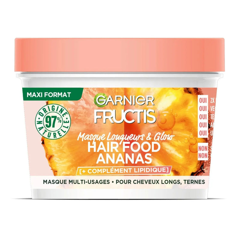 GARNIER<br> <b> FRUCTIS HAIR FOOD ANANAS</b><br><h5>masque longueurs & glow- pour cheveux longs - 390ml</h5>Origine France <img style="vertical-align: middle;" src=" https://shorturl.at/bDMR9">