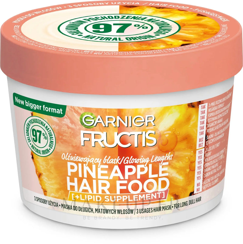 GARNIER<br> <b> FRUCTIS HAIR FOOD ANANAS</b><br><h5>masque longueurs & glow- pour cheveux longs - 390ml</h5>Origine France <img style="vertical-align: middle;" src=" https://shorturl.at/bDMR9">