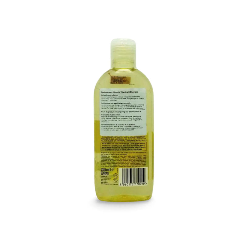 Dr.organic<br> <b> Vitamin E Shampoo</b><br><h5>tous types de cheveux-265ml</h5>Origine Angleterre <img style="vertical-align: middle;" src=" https://shorturl.at/qvUZ6">