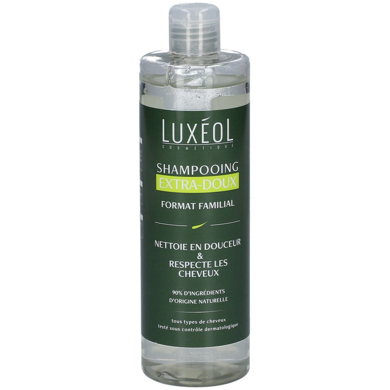 LUXEOL<br> <b> Shampooing Extra-doux</b><br>-cheveux humides-400ml</h5>Origine France <img style="vertical-align: middle;" src=" https://shorturl.at/bDMR9">