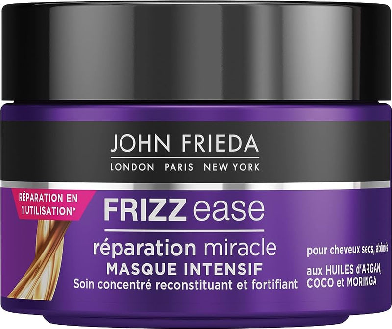 JOHN FRIEDA<br> <b> FRIZZ EASE réparation miracle</b><br><h5>masque intensif-cheveux secs-250ml</h5>Origine France </h6> <img style="vertical-align: middle;" src=" https://shorturl.at/bDMR9">