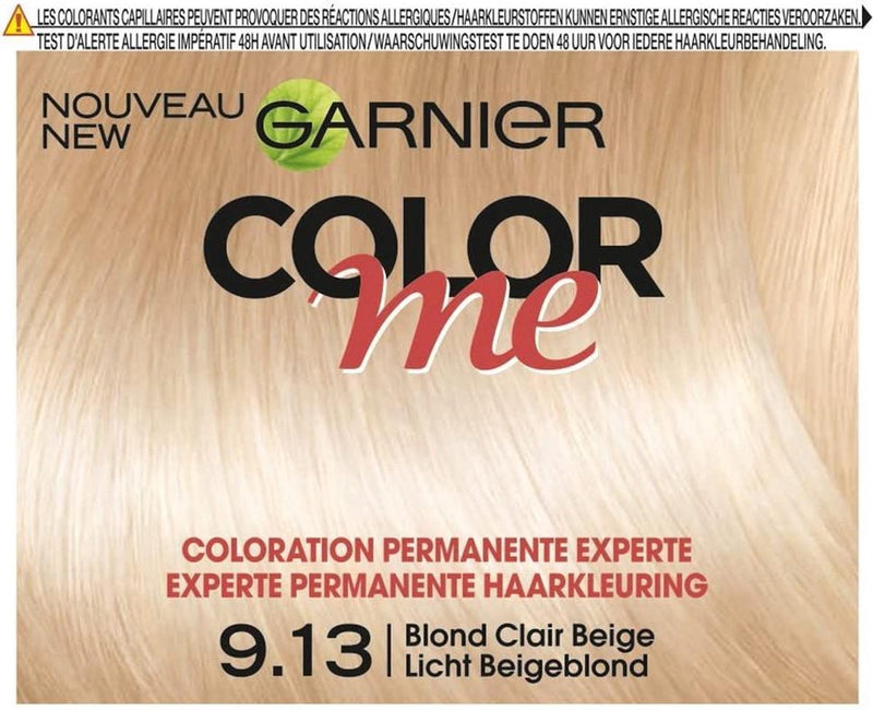 GARNIER<br> <b> COLOR ME 9.13 Blond Clair Beige</b><br><h5>Coloration cheveux-60/40/40ml</h5>Origine France <img style="vertical-align: middle;" src=" https://shorturl.at/bDMR9">